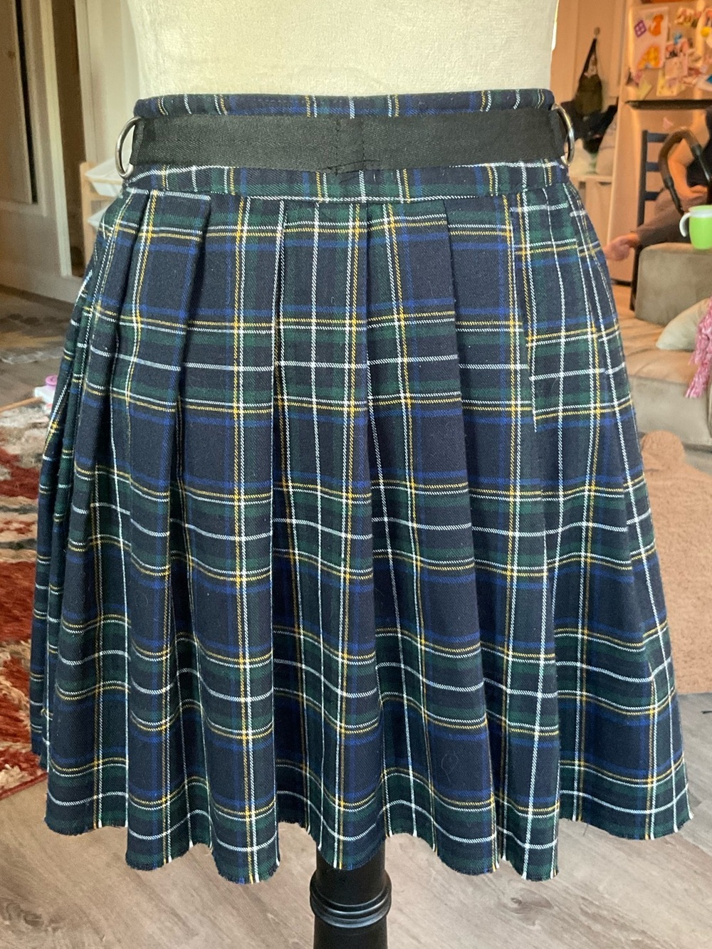 ⛓️Dolls Kill Current Mood Plaid Pleated Mini Skirt D-Ring Belt Medium Green Navy